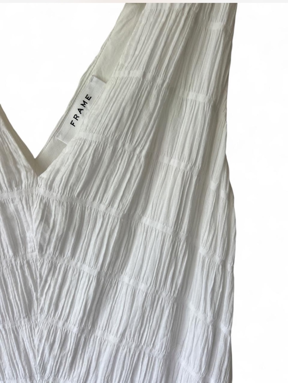 FRAME Savannah Shirred Poplin Crinkle V-Neck Asymmetrical Maxi White Dress Med - Picture 8 of 9